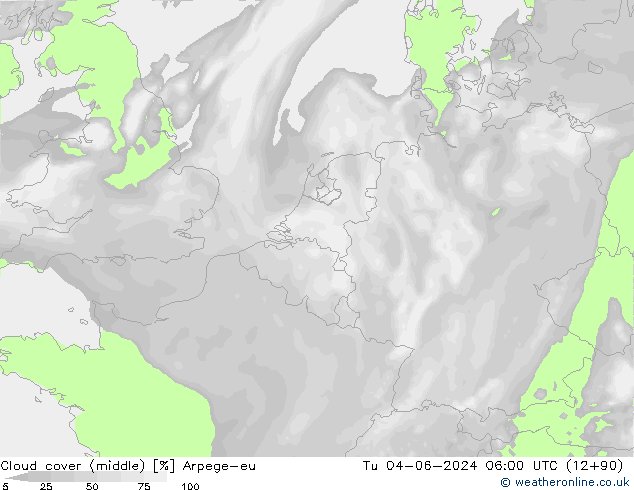 Cloud cover (middle) Arpege-eu Tu 04.06.2024 06 UTC