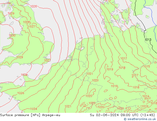 Pressione al suolo Arpege-eu dom 02.06.2024 09 UTC