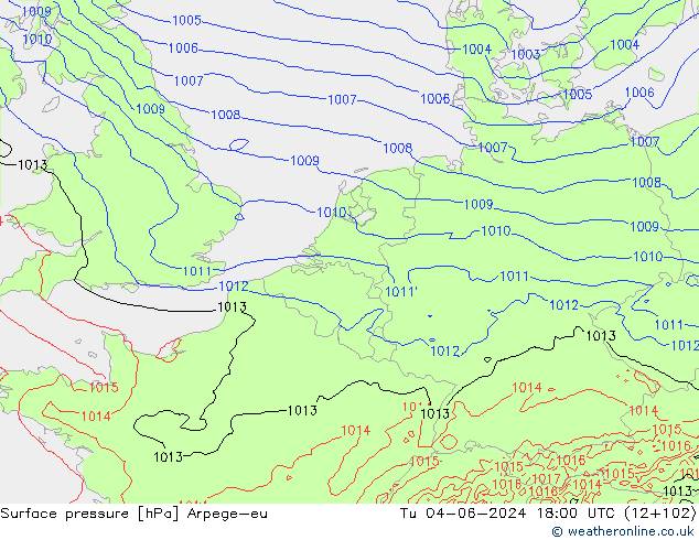 Surface pressure Arpege-eu Tu 04.06.2024 18 UTC