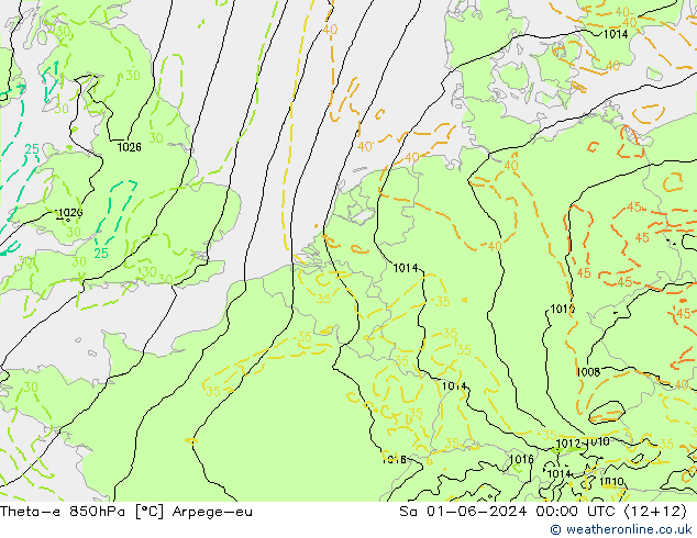 Theta-e 850hPa Arpege-eu Sa 01.06.2024 00 UTC