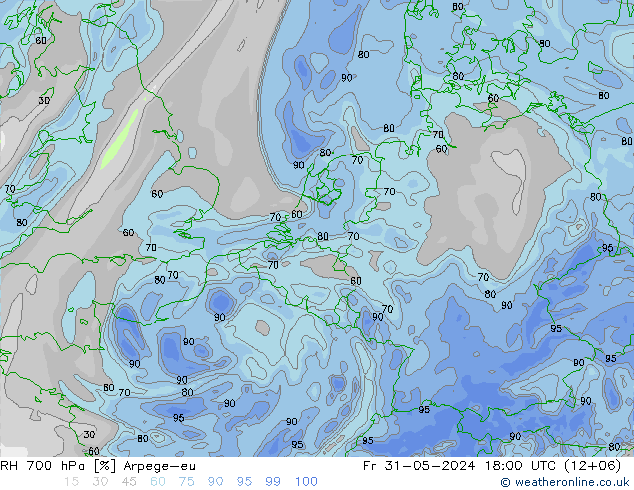 RH 700 гПа Arpege-eu пт 31.05.2024 18 UTC