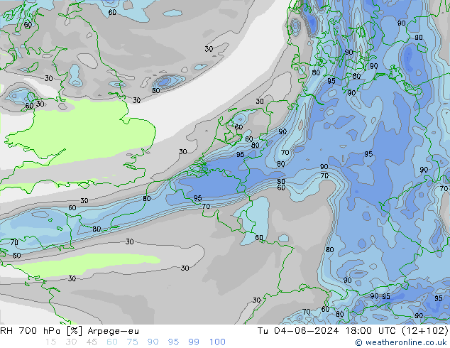 Humidité rel. 700 hPa Arpege-eu mar 04.06.2024 18 UTC