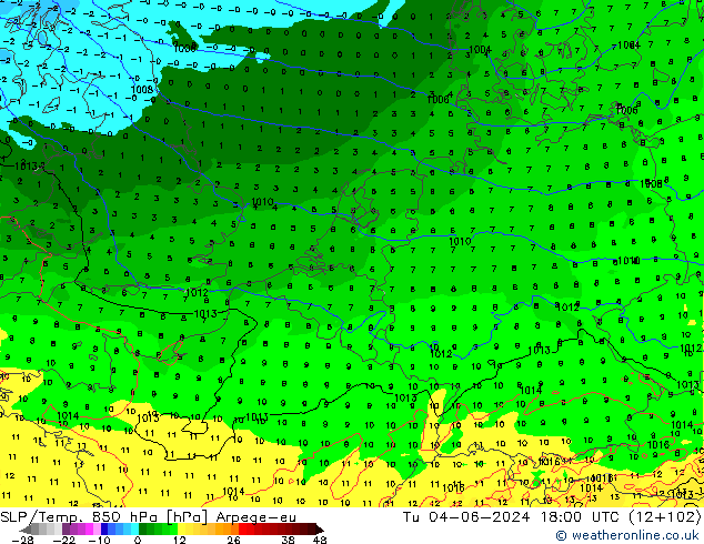 SLP/Temp. 850 hPa Arpege-eu Tu 04.06.2024 18 UTC