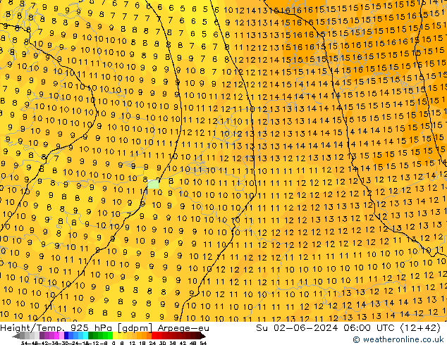 Géop./Temp. 925 hPa Arpege-eu dim 02.06.2024 06 UTC