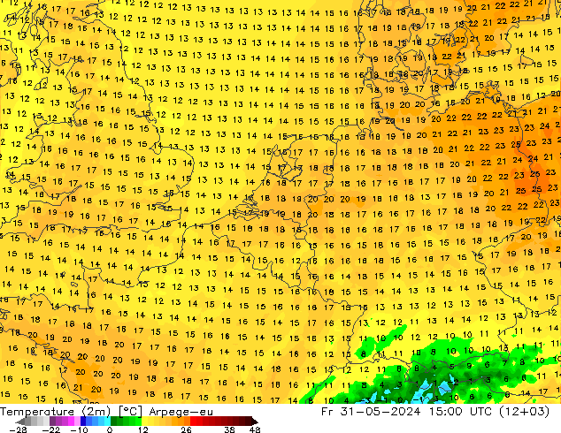 température (2m) Arpege-eu ven 31.05.2024 15 UTC