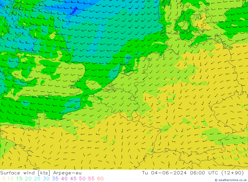 Surface wind Arpege-eu Tu 04.06.2024 06 UTC