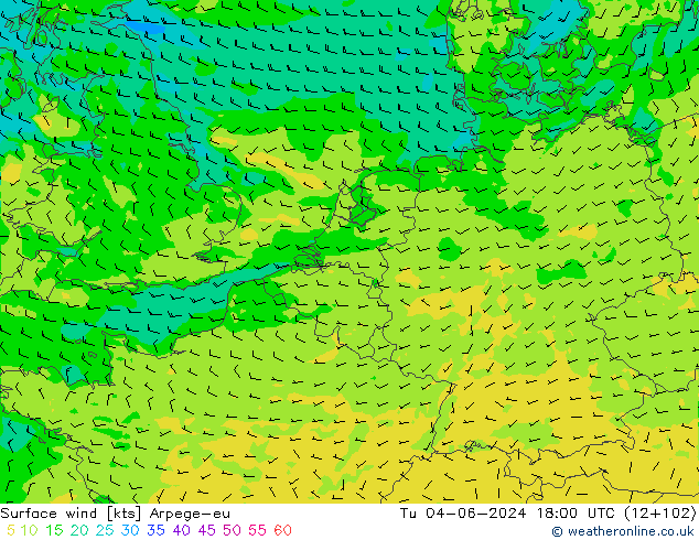 Surface wind Arpege-eu Tu 04.06.2024 18 UTC