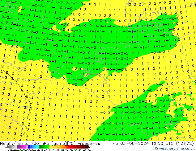 Height/Temp. 700 hPa Arpege-eu  03.06.2024 12 UTC