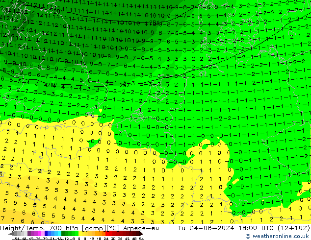 Géop./Temp. 700 hPa Arpege-eu mar 04.06.2024 18 UTC