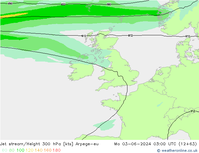 Jet stream/Height 300 hPa Arpege-eu Mo 03.06.2024 03 UTC