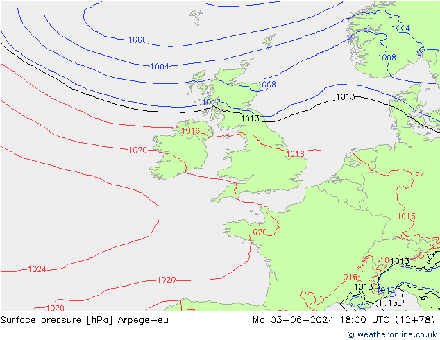 Surface pressure Arpege-eu Mo 03.06.2024 18 UTC