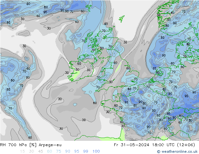 RH 700 hPa Arpege-eu Sex 31.05.2024 18 UTC