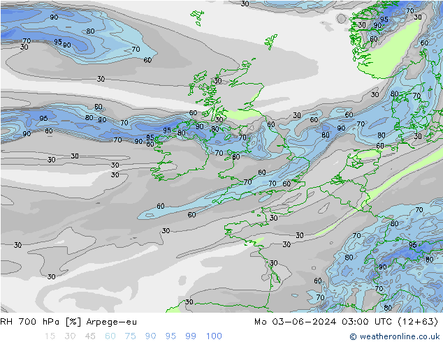 RH 700 hPa Arpege-eu pon. 03.06.2024 03 UTC