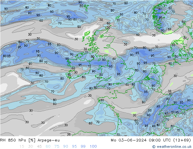 Humedad rel. 850hPa Arpege-eu lun 03.06.2024 09 UTC