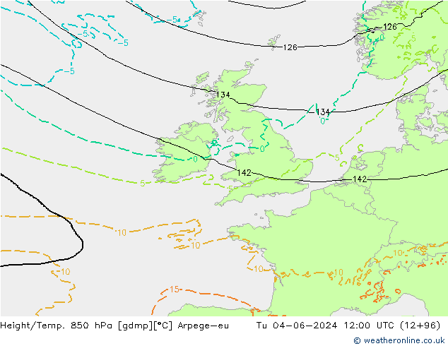 Hoogte/Temp. 850 hPa Arpege-eu di 04.06.2024 12 UTC