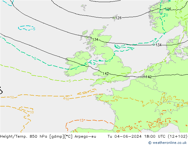 Height/Temp. 850 hPa Arpege-eu Tu 04.06.2024 18 UTC
