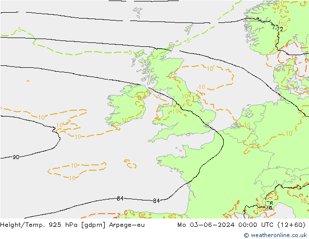 Height/Temp. 925 hPa Arpege-eu Mo 03.06.2024 00 UTC