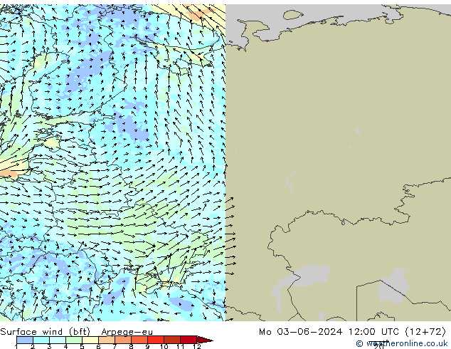 Surface wind (bft) Arpege-eu Mo 03.06.2024 12 UTC