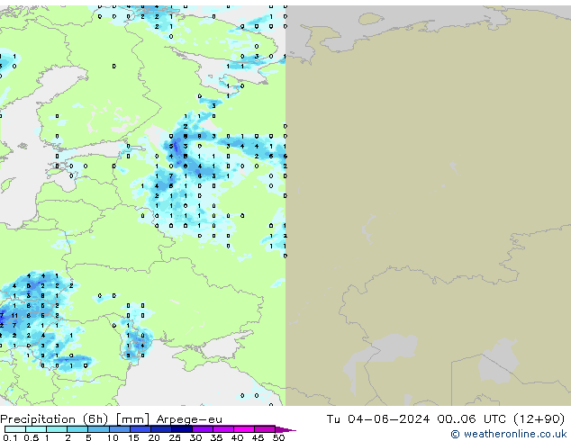 Precipitation (6h) Arpege-eu Tu 04.06.2024 06 UTC