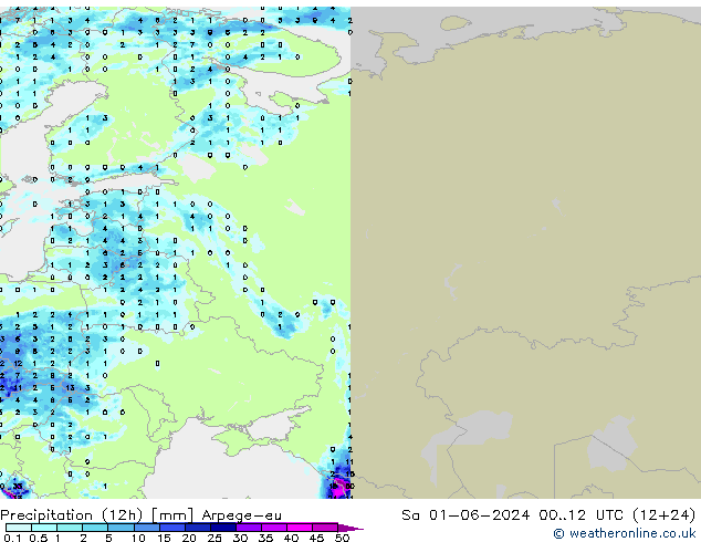 Totale neerslag (12h) Arpege-eu za 01.06.2024 12 UTC