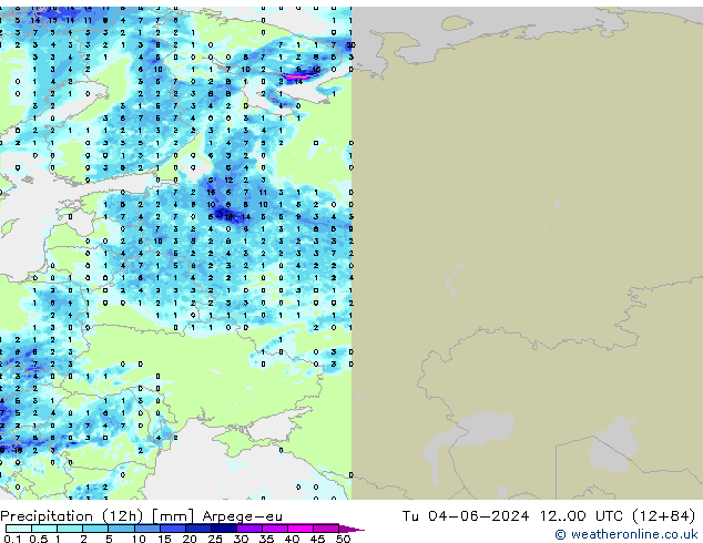 Precipitation (12h) Arpege-eu Tu 04.06.2024 00 UTC