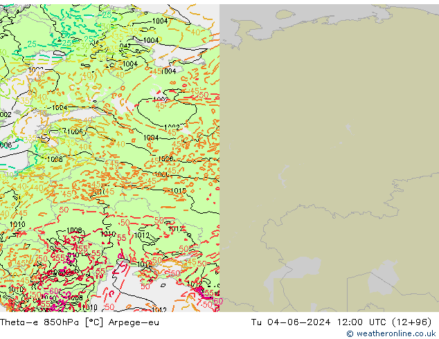 Theta-e 850hPa Arpege-eu Tu 04.06.2024 12 UTC