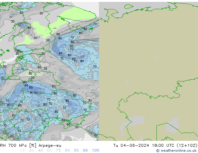 Humidité rel. 700 hPa Arpege-eu mar 04.06.2024 18 UTC