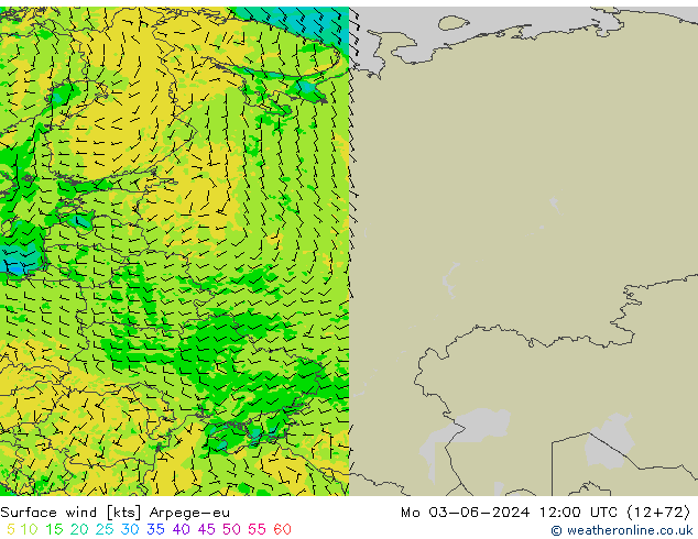 wiatr 10 m Arpege-eu pon. 03.06.2024 12 UTC