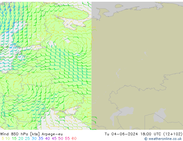 wiatr 850 hPa Arpege-eu wto. 04.06.2024 18 UTC