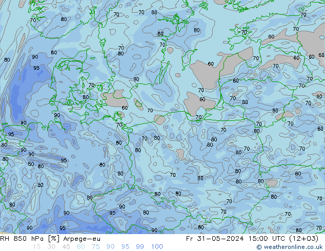 RH 850 гПа Arpege-eu пт 31.05.2024 15 UTC