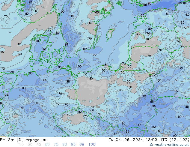 RH 2m Arpege-eu Tu 04.06.2024 18 UTC