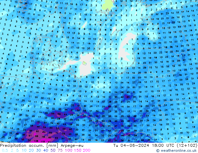 Precipitation accum. Arpege-eu  04.06.2024 18 UTC