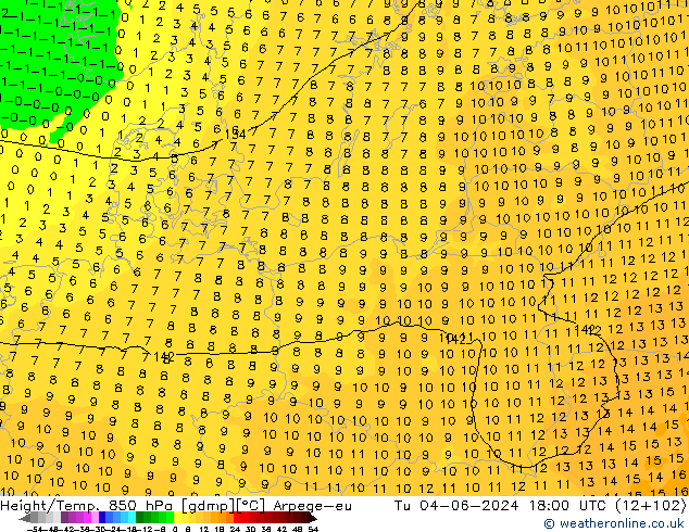 Hoogte/Temp. 850 hPa Arpege-eu di 04.06.2024 18 UTC