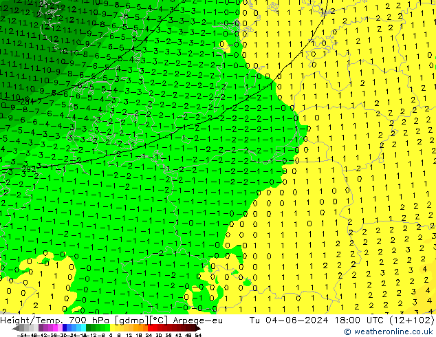 Height/Temp. 700 гПа Arpege-eu вт 04.06.2024 18 UTC