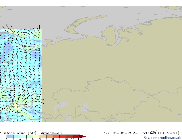 Vento 10 m (bft) Arpege-eu dom 02.06.2024 15 UTC