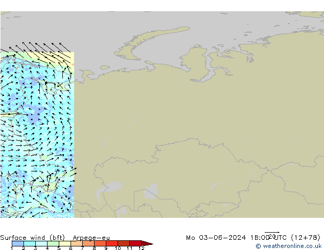 Surface wind (bft) Arpege-eu Po 03.06.2024 18 UTC