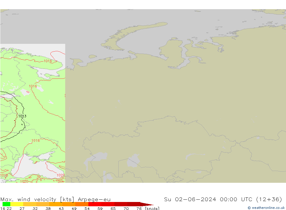 Max. wind velocity Arpege-eu Su 02.06.2024 00 UTC