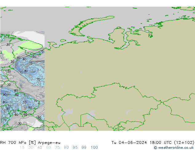 RH 700 hPa Arpege-eu wto. 04.06.2024 18 UTC