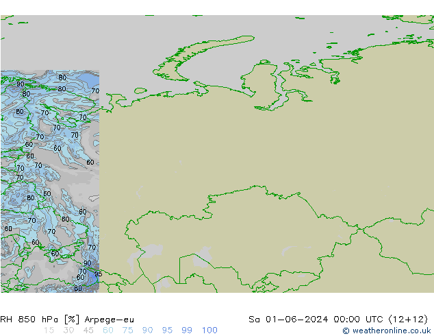RH 850 гПа Arpege-eu сб 01.06.2024 00 UTC
