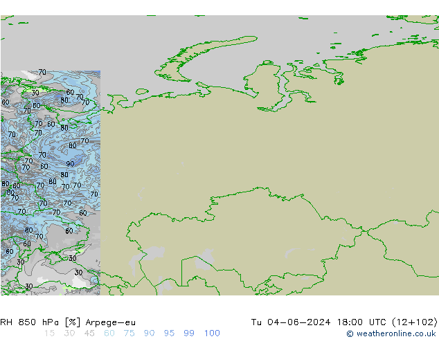 RH 850 hPa Arpege-eu Tu 04.06.2024 18 UTC