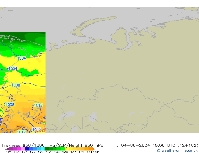 Dikte 850-1000 hPa Arpege-eu di 04.06.2024 18 UTC