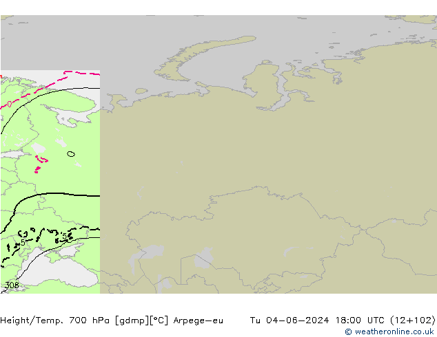 Height/Temp. 700 hPa Arpege-eu Út 04.06.2024 18 UTC