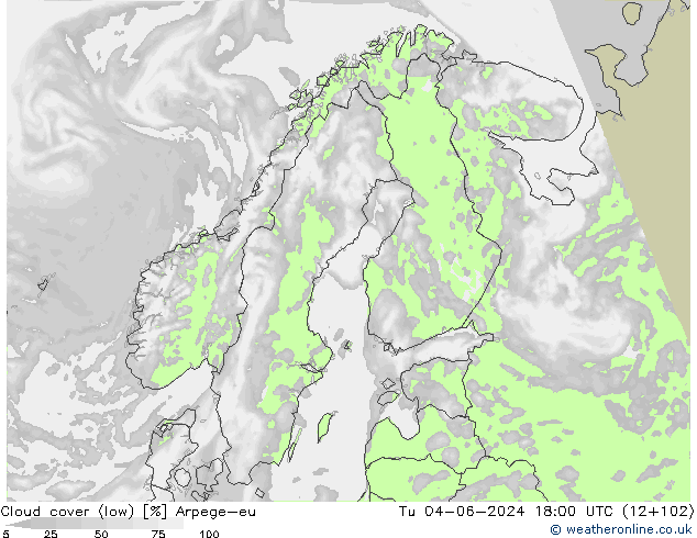 Cloud cover (low) Arpege-eu Tu 04.06.2024 18 UTC