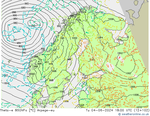 Theta-e 850hPa Arpege-eu Di 04.06.2024 18 UTC