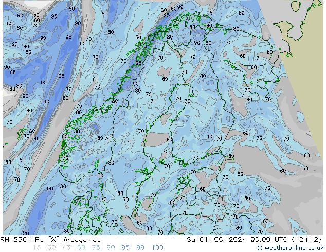 RH 850 hPa Arpege-eu so. 01.06.2024 00 UTC