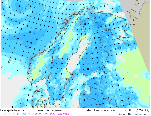 Precipitation accum. Arpege-eu Mo 03.06.2024 00 UTC