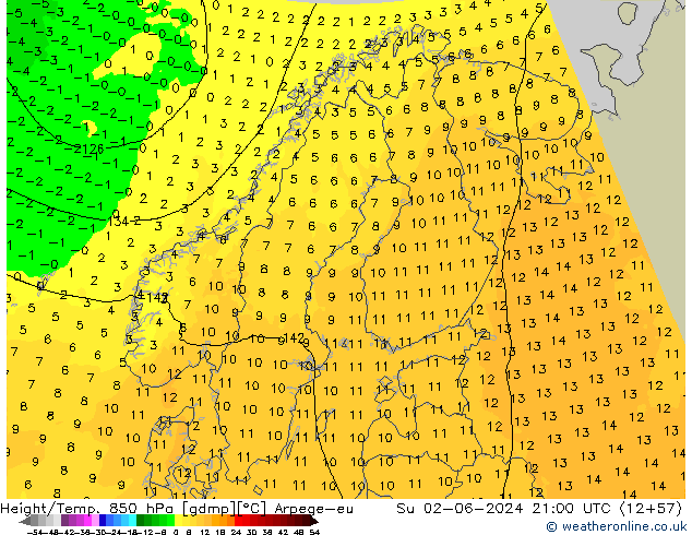 Height/Temp. 850 hPa Arpege-eu nie. 02.06.2024 21 UTC