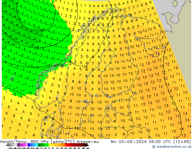 Height/Temp. 850 hPa Arpege-eu  03.06.2024 06 UTC