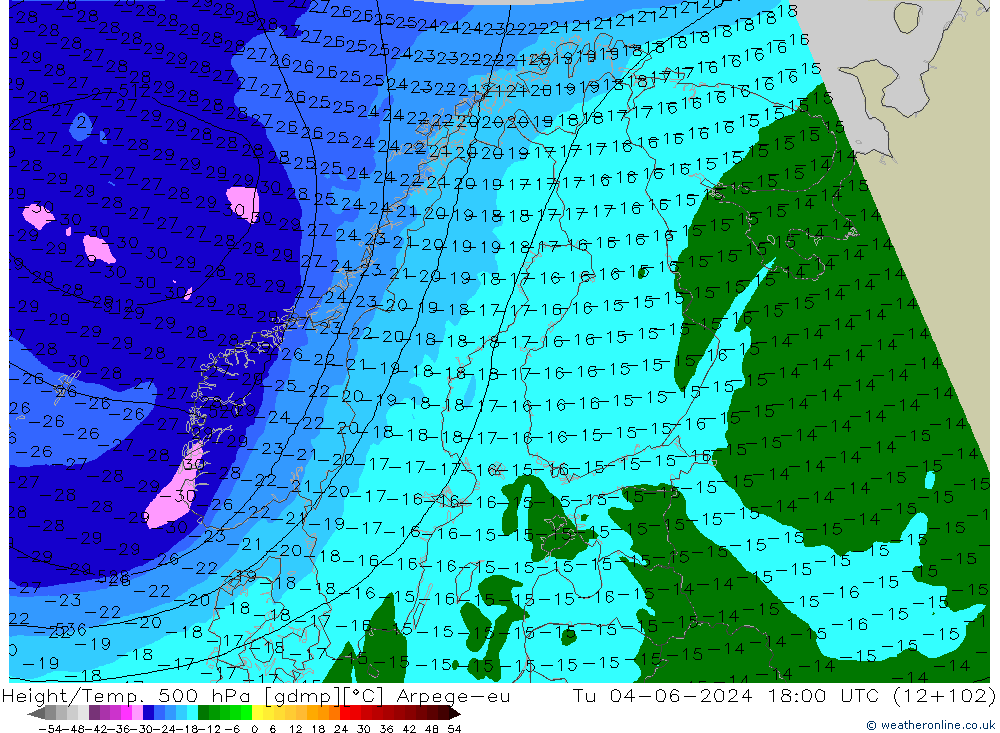 Height/Temp. 500 гПа Arpege-eu вт 04.06.2024 18 UTC