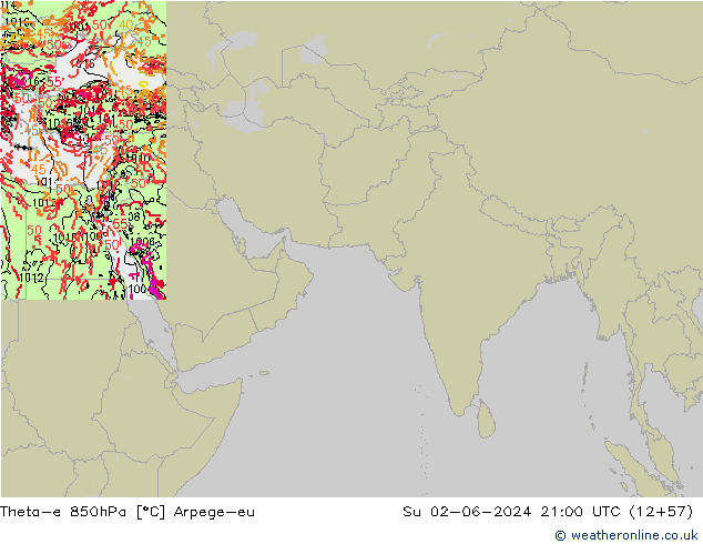Theta-e 850гПа Arpege-eu Вс 02.06.2024 21 UTC